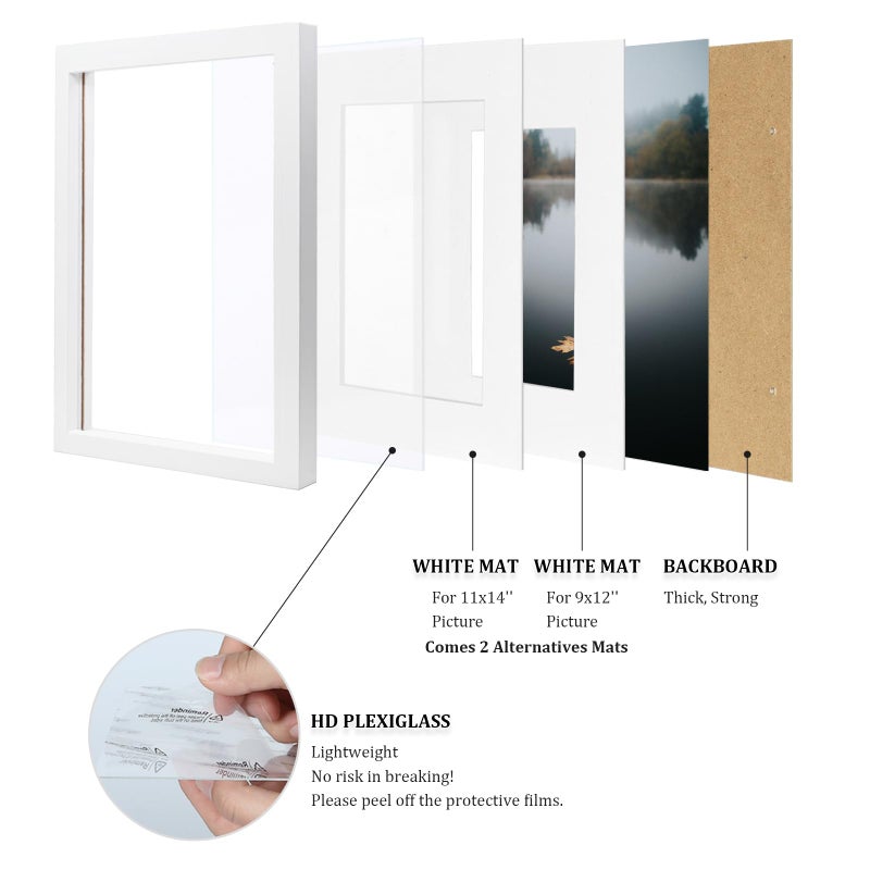 Egofine 12x16 Picture Frame White Covered by Plexiglass Made of Solid Wood, Display Pictures 9x12 and 11x14 with Mat or 12x16 Without Mat for Wall Mounting - Image 4